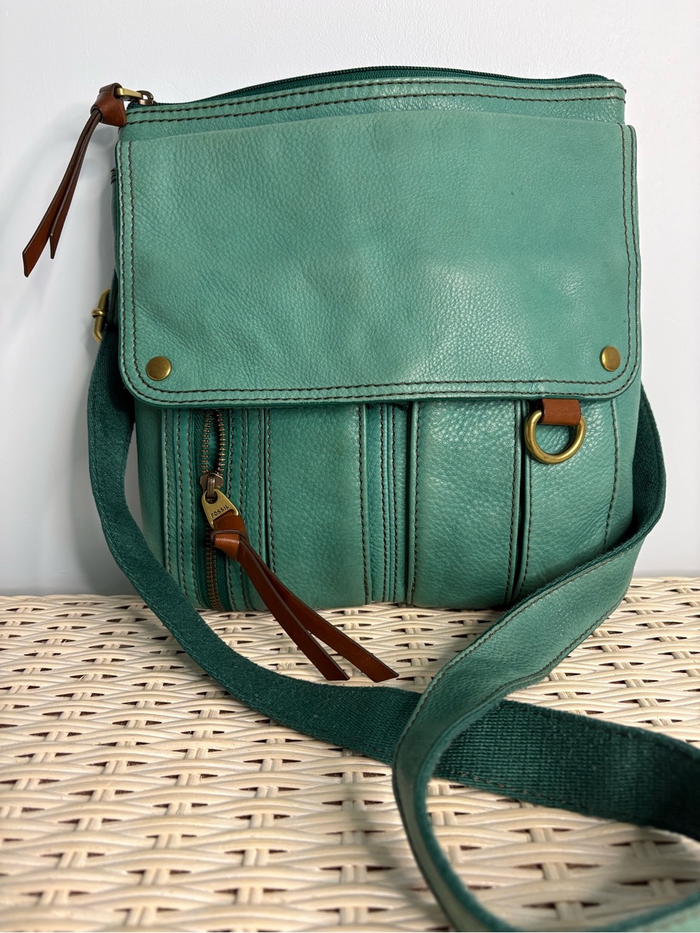 Fossil Teal Leather Crossbody Bag